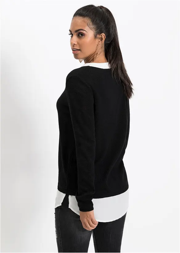 Feinstrickpullover mit Bluseneinsatz in schwarz von hinten (im Anschnitt) - bonprix Feinstrickpullover mit Bluseneinsatz in schwarz von hinten (im Anschnitt) - bonprix