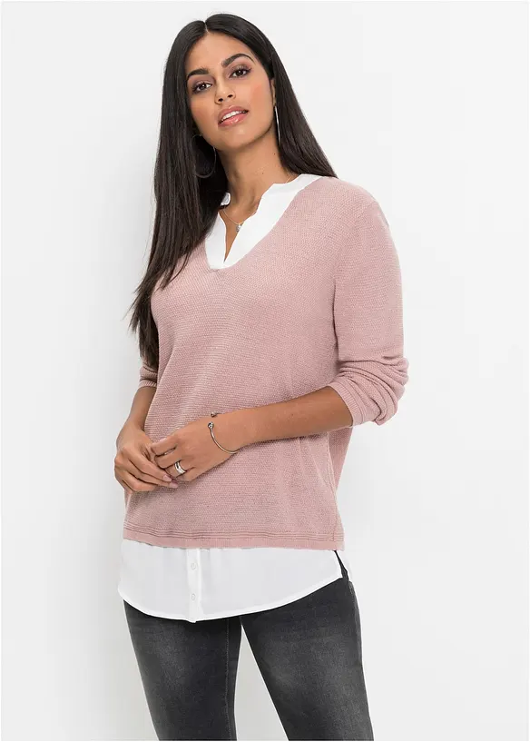 Feinstrickpullover mit Bluseneinsatz in rosa von vorne (im Anschnitt) - bonprix Feinstrickpullover mit Bluseneinsatz in rosa von vorne (im Anschnitt) - bonprix