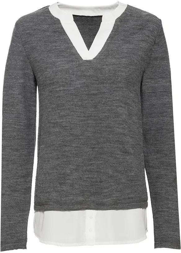 Feinstrickpullover mit Bluseneinsatz in grau von vorne - bonprix