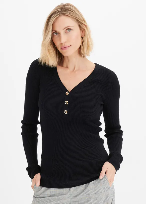 Rippenpullover mit Viskose in schwarz von vorne (im Anschnitt) - bonprix