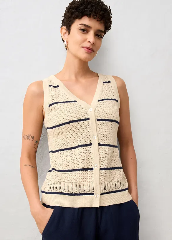 Ajour-Strickweste mit Leinenanteil in beige von vorne (im Anschnitt) - bonprix