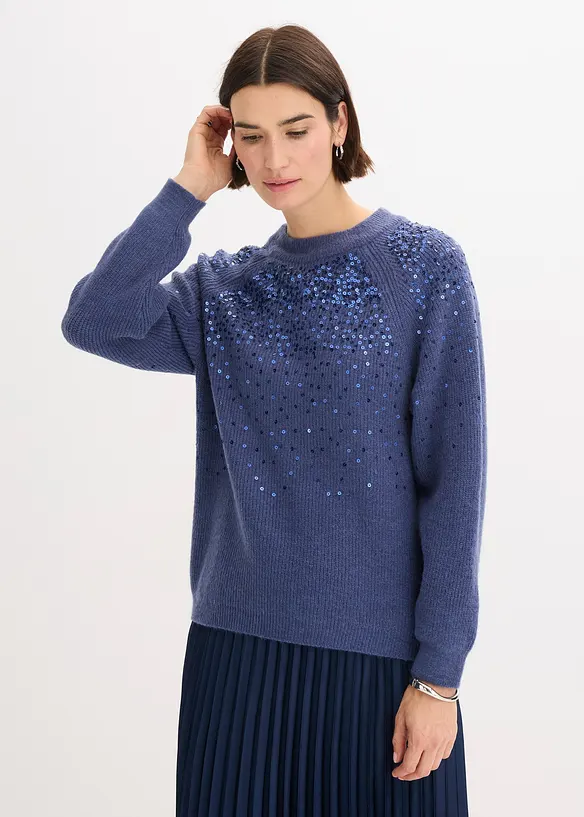 Pullover mit Pailletten in blau von vorne (im Anschnitt) - bonprix