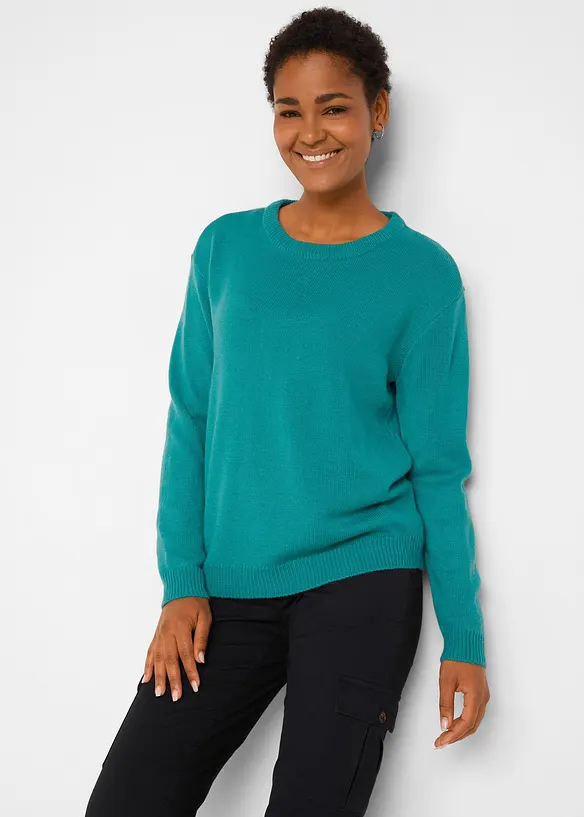 Strick-Pullover mit Rundhals-Ausschnitt in petrol von vorne (im Anschnitt) - bonprix