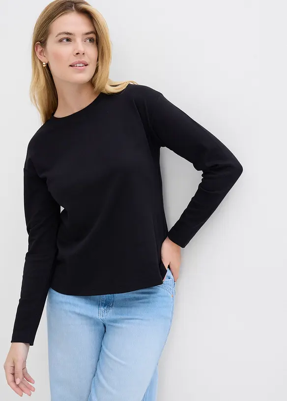 Langarmshirt aus reiner schwerer Bio-Baumwolle in schwarz von vorne (im Anschnitt) - bonprix