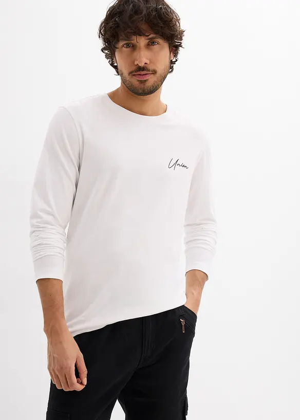 Langarmshirt aus schwerer Bio-Baumwollqualität mit Stretchanteil, Slim Fit in weiß von vorne (im Anschnitt) - bonprix