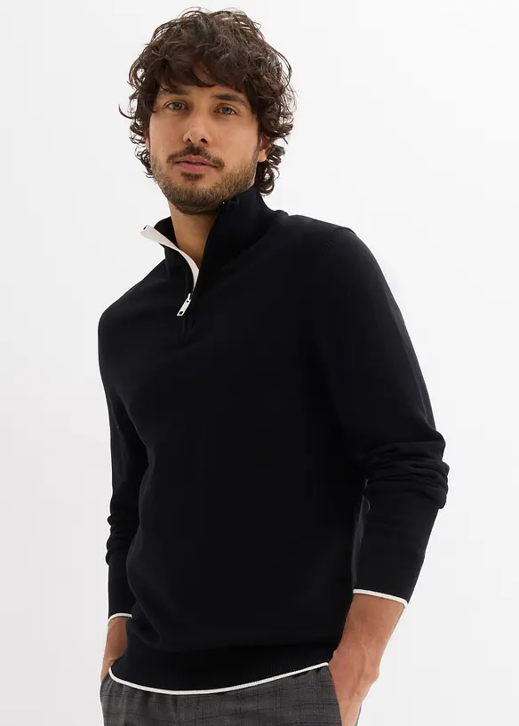 Troyer-Pullover mit Baumwolle in schwarz von vorne (im Anschnitt) - bonprix