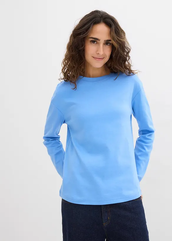 Langarmshirt aus reiner schwerer Bio-Baumwolle in blau von vorne (im Anschnitt) - bonprix