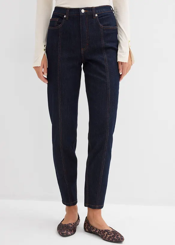 Mom-Jeans High Waist, Stretch in blau von vorne - bonprix