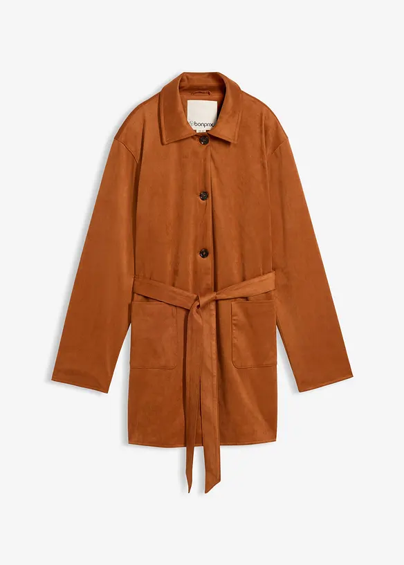 Velourslederimitat-Kurzmantel mit Gürtel in braun von vorne - bonprix