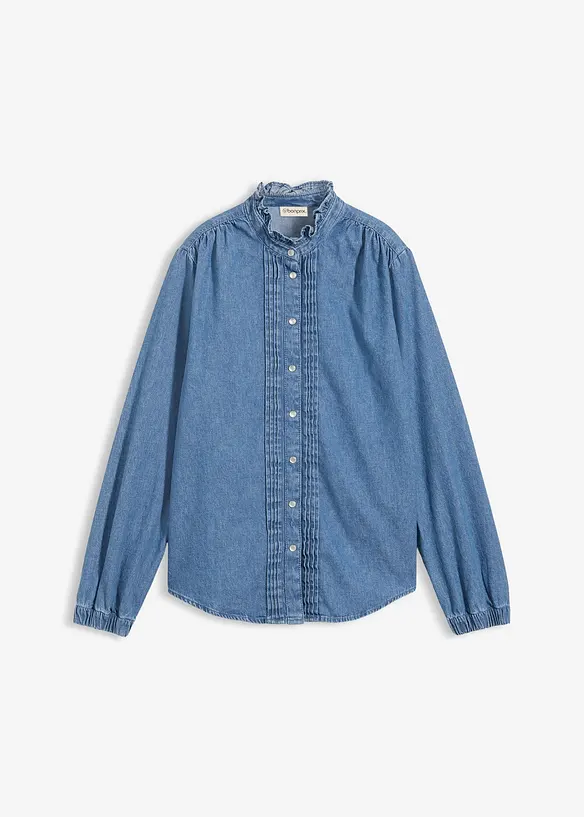 Jeansbluse aus Bio-Baumwolle, mit Volants in blau von vorne - bonprix