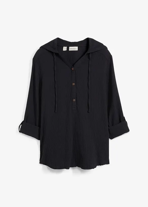 Musselin-Schlupfbluse aus reiner Baumwolle in schwarz von vorne - bonprix