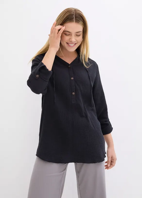 Musselin-Schlupfbluse aus reiner Baumwolle in schwarz von vorne (im Anschnitt) - bonprix