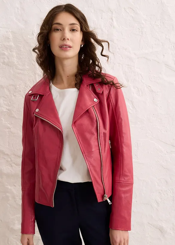 Bikerjacke aus Nappaleder in pink von vorne (im Anschnitt) - bonprix