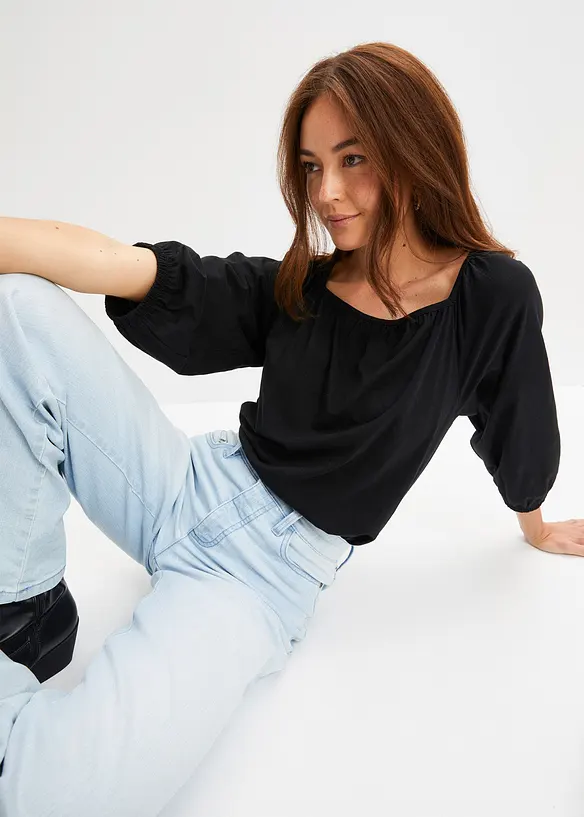 Shirtbluse aus reiner Bio-Baumwolle in schwarz von vorne (im Anschnitt) - bonprix