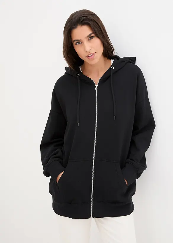 Kapuzen-Sweatjacke in schwarz von vorne (im Anschnitt) - bonprix