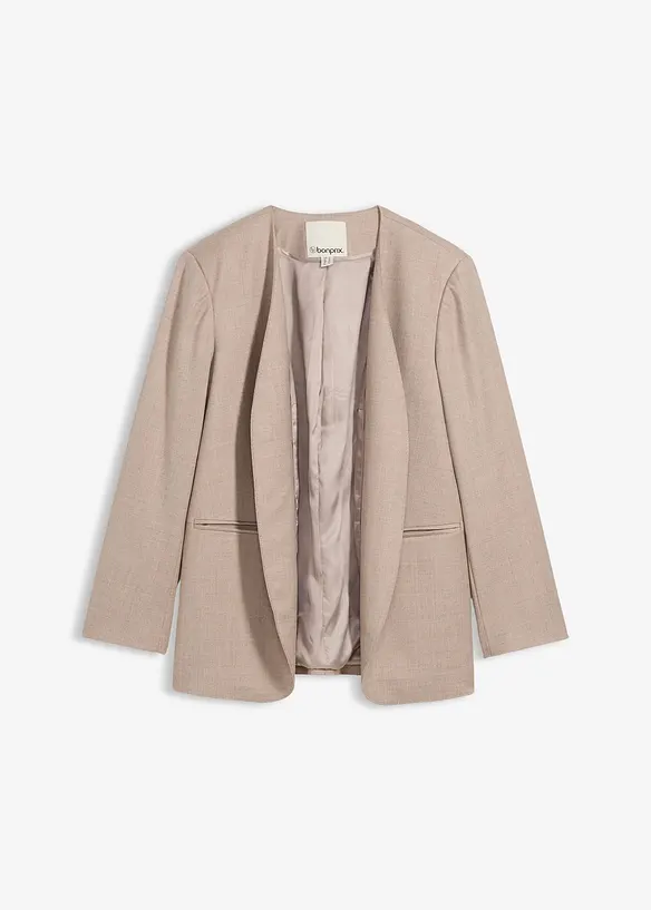 Kragenloser Blazer aus weichem Woll-Mix in beige von vorne - bonprix