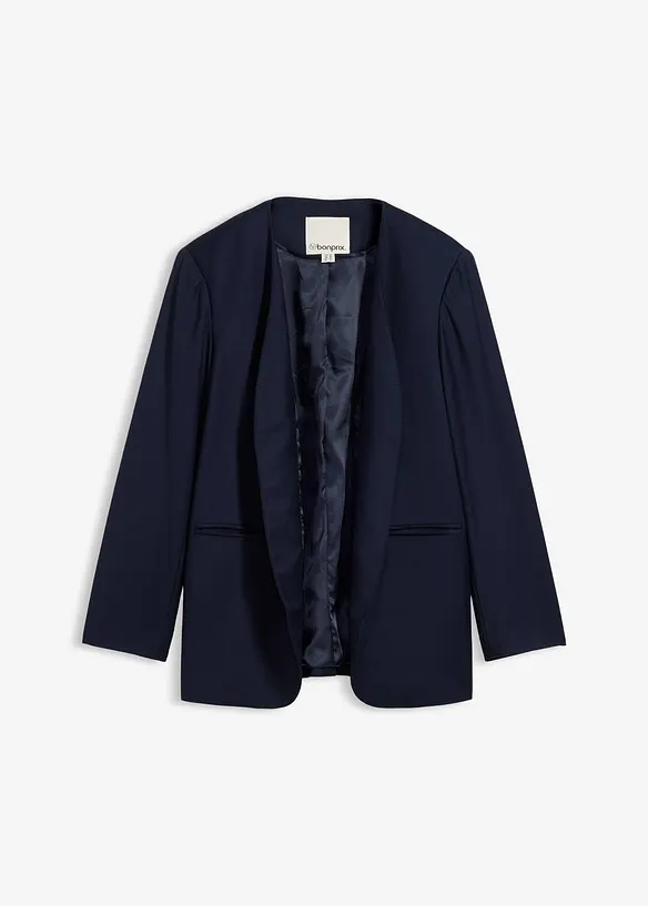 Kragenloser Blazer aus weichem Woll-Mix in blau von vorne - bonprix