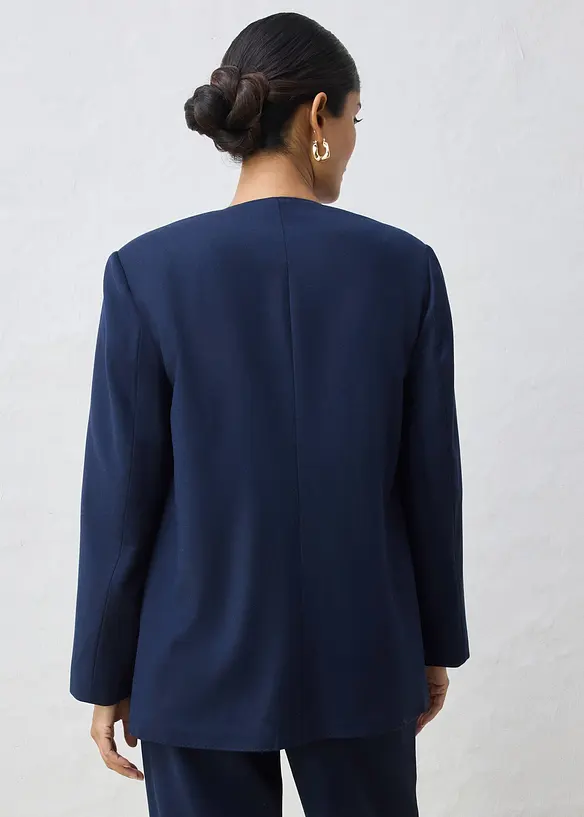 Kragenloser Blazer aus weichem Woll-Mix in blau von hinten (im Anschnitt) - bonprix