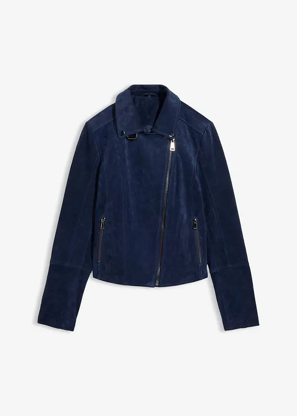 Biker-Velourslederjacke in blau von vorne - bonprix