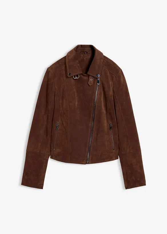 Biker-Velourslederjacke in braun von vorne - bonprix