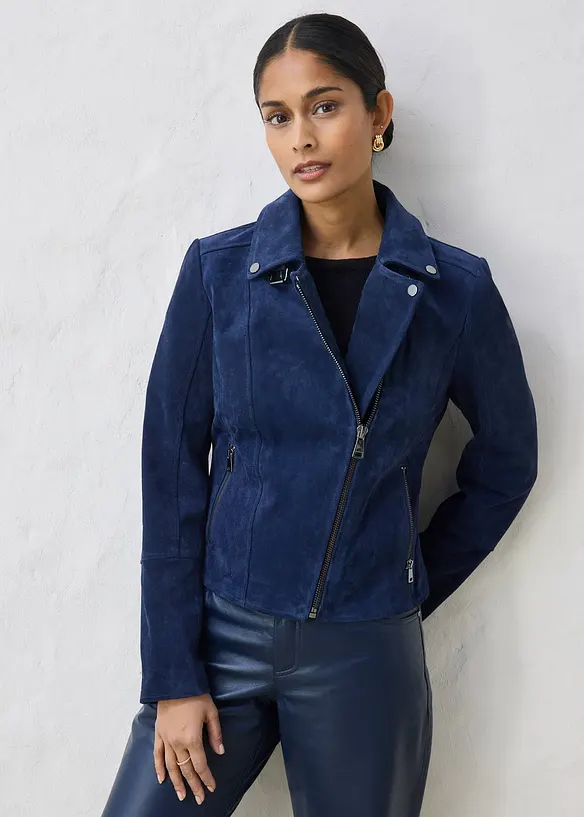 Biker-Velourslederjacke in blau von vorne (im Anschnitt) - bonprix