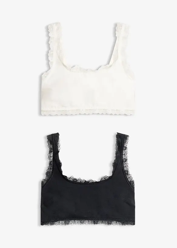 Bustier mit Bio-Baumwolle und Spitze (2er Pack) in schwarz von vorne - bonprix