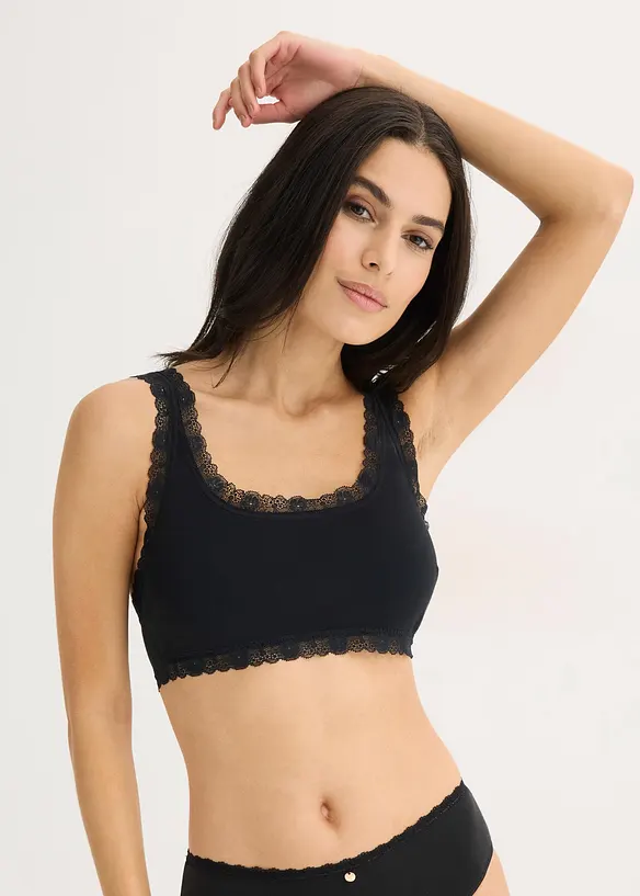 Bustier mit Bio-Baumwolle und Spitze (2er Pack) in schwarz von vorne (im Anschnitt) - bonprix