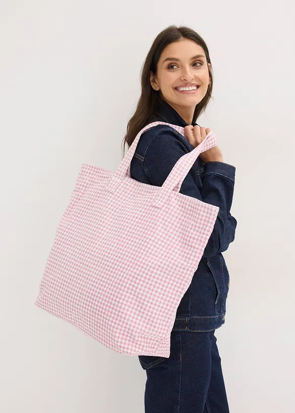 Canvas Shopper mit Vichykaro Print in rosa im Look von vorne (Totalaufnahme) - bonprix