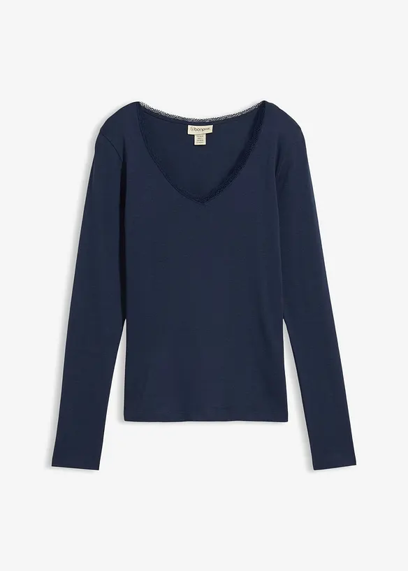 Langarmshirt aus reiner Baumwolle in blau von vorne - bonprix