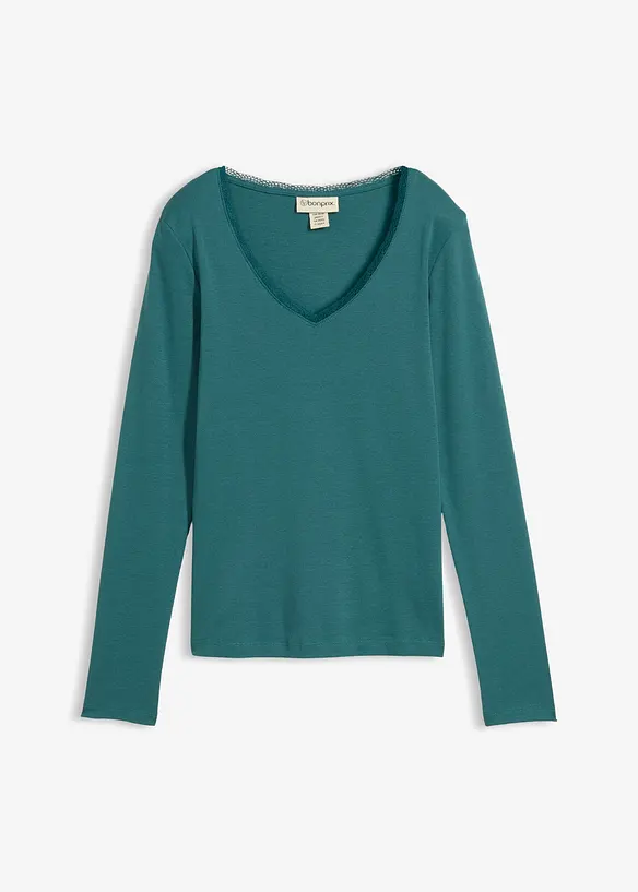 Langarmshirt aus reiner Baumwolle in petrol von vorne - bonprix
