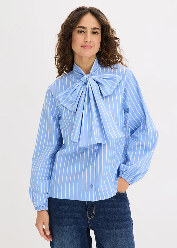 Schluppenbluse in blau von vorne (im Anschnitt) - bonprix