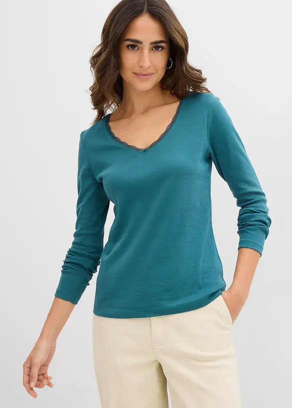 Langarmshirt aus reiner Baumwolle in petrol von vorne (im Anschnitt) - bonprix