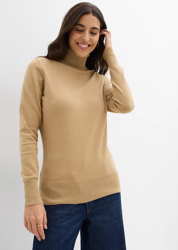 Basic Rollkragenpullover in beige von vorne (im Anschnitt) - bonprix