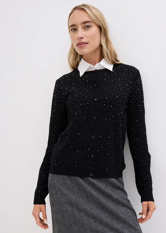 Strickjacke mit Glitzersteinchen in schwarz von vorne (im Anschnitt) - bonprix