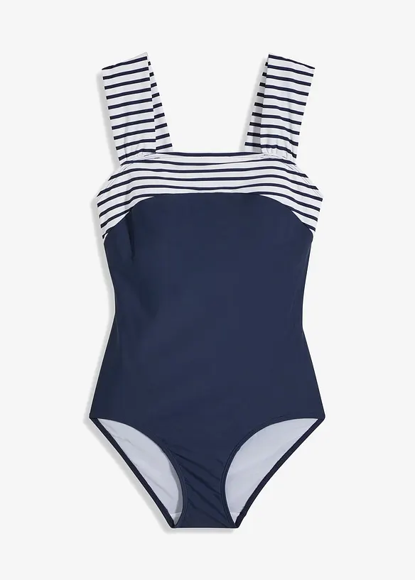 Medium Shape-Badeanzug mit breiten Trägern in blau von vorne - bonprix Medium Shape-Badeanzug mit breiten Trägern in blau von vorne - bonprix