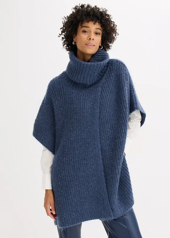 Poncho-Pullover mit Wollanteil in blau von vorne (im Anschnitt) - bonprix