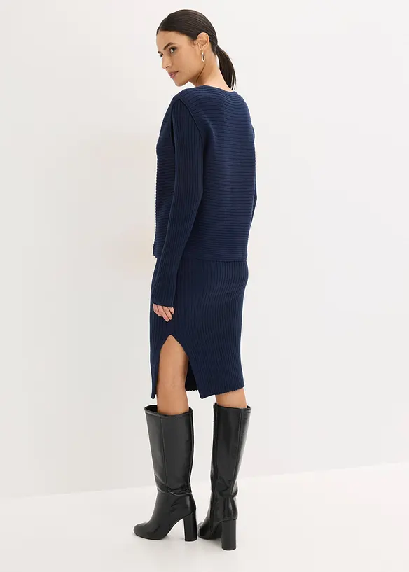 Strickkleid und Pullunder (2-tlg.Set) in blau von hinten (Totalaufnahme) - bonprix