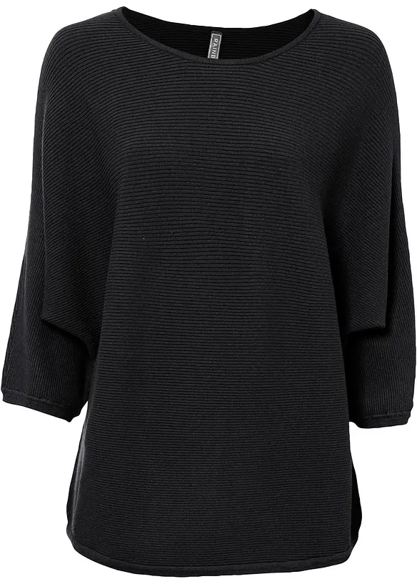 Oversize-Ripp-Pullover aus Viskose-Mix in schwarz von vorne - bonprix