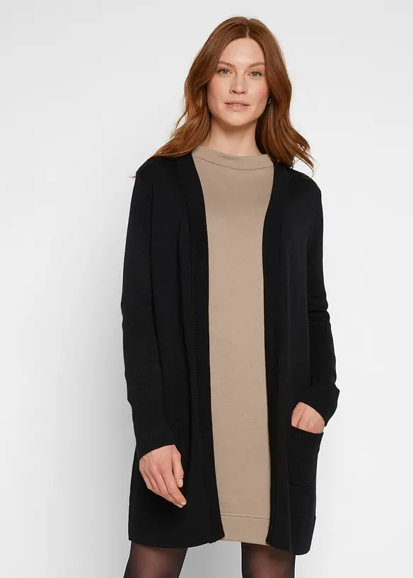 Longstrickjacke, Langarm in schwarz von vorne (im Anschnitt) - bonprix