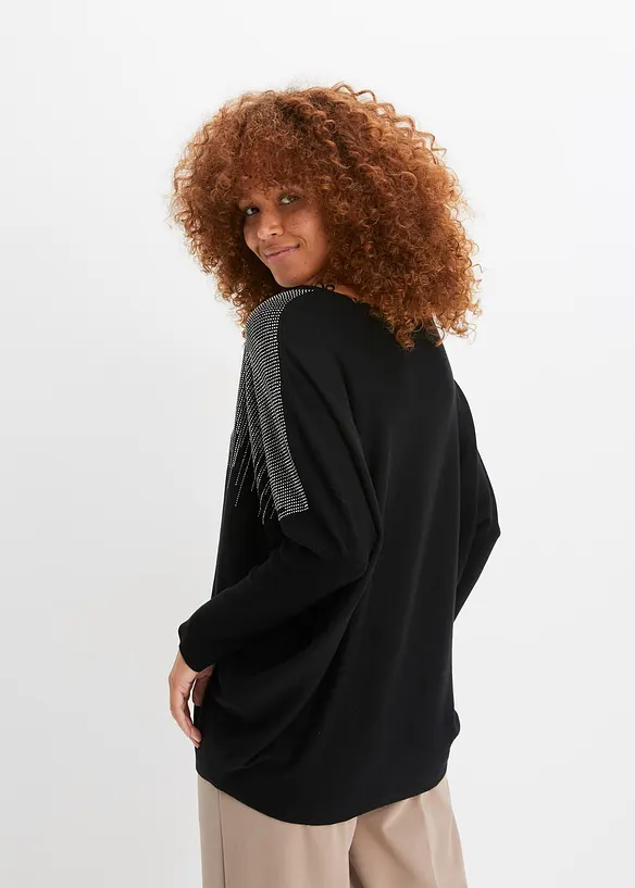 Feinstrickpullover mit Fledermausärmeln und Strass-Applikation in schwarz von hinten (im Anschnitt) - bonprix