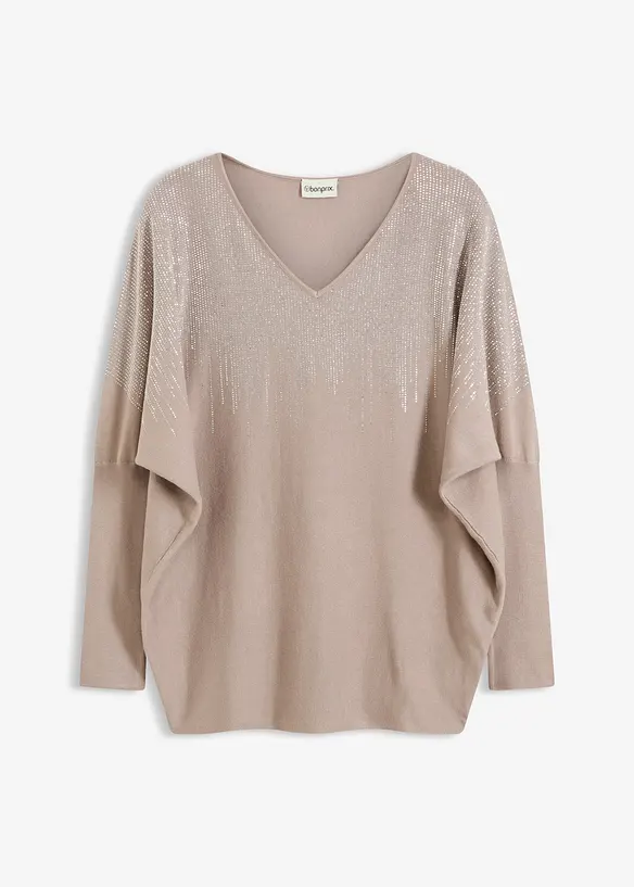 Feinstrickpullover mit Fledermausärmeln und Strass-Applikation in grau von vorne - bonprix