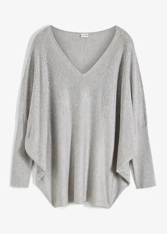Feinstrickpullover mit Fledermausärmeln und Strass-Applikation in grau von vorne - bonprix