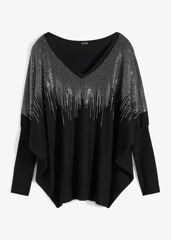 Feinstrickpullover mit Fledermausärmeln und Strass-Applikation in schwarz von vorne - bonprix