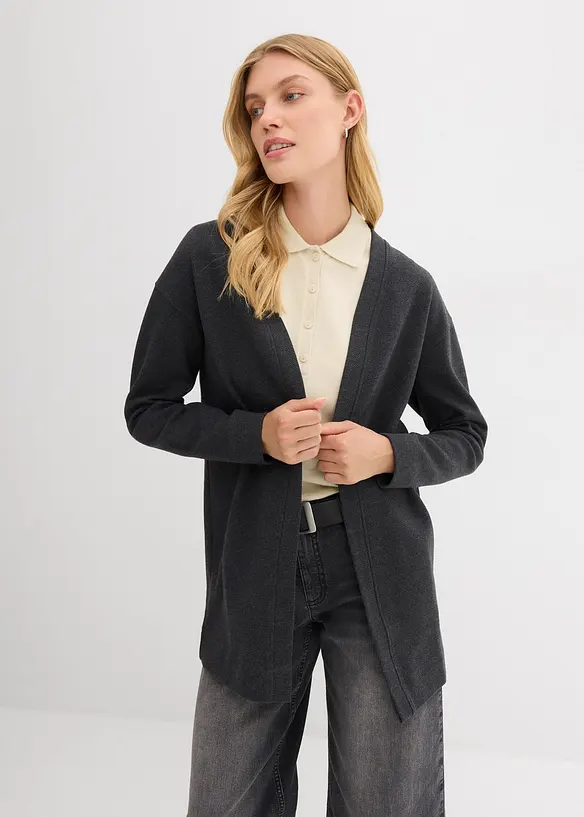 Long-Sweatjacke aus weichem Baumwoll-Mix in grau von vorne (im Anschnitt) - bonprix