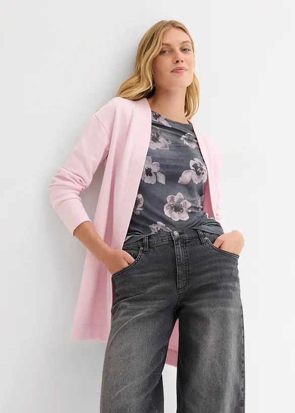 Long-Sweatjacke aus weichem Baumwoll-Mix in lila von vorne (im Anschnitt) - bonprix