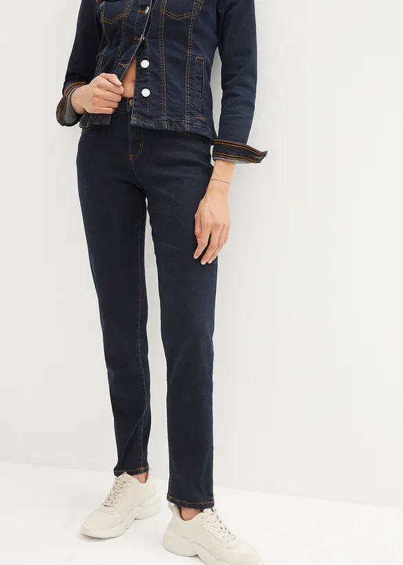 Mom Jeans Mid Waist, long in blau von vorne - bonprix