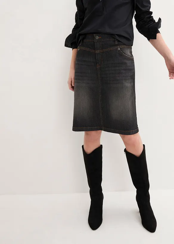 Stretch-Jeansrock in schwarz von vorne - bonprix