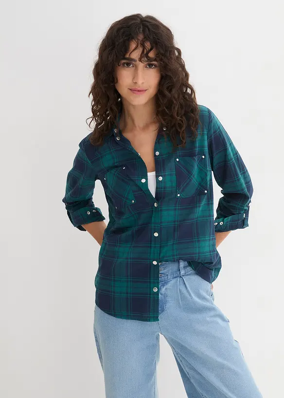 Hemdbluse aus reiner Baumwolle in petrol von vorne (im Anschnitt) - bonprix