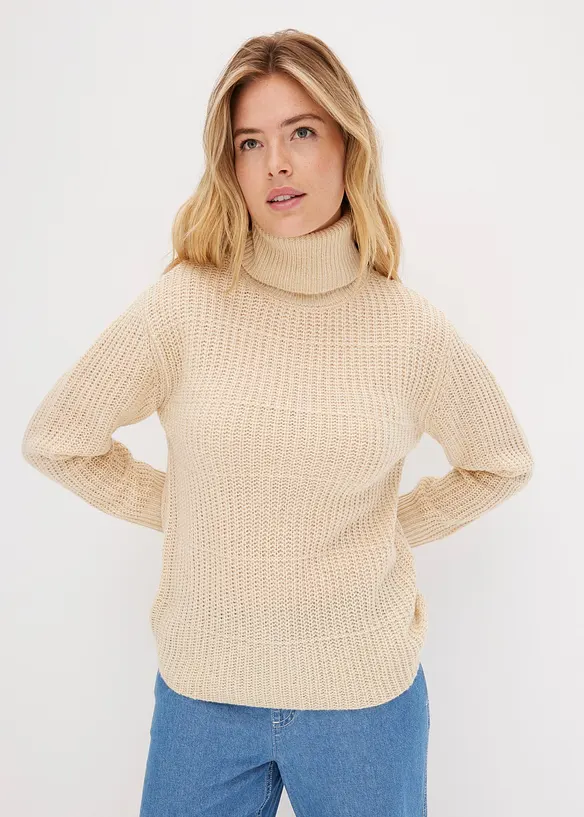 Strickpullover mit Rollkragen in beige von vorne (im Anschnitt) - bonprix