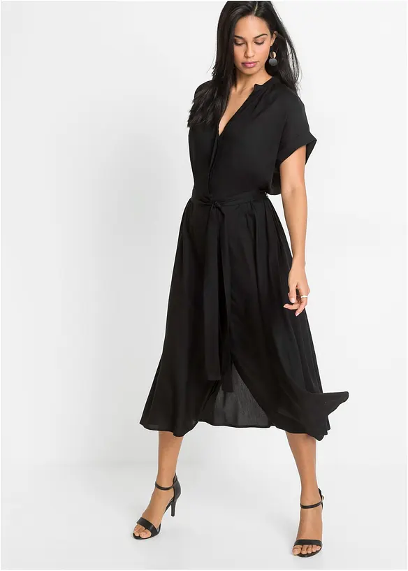 Hemdblusenkleid aus fließender Viskose in schwarz von vorne (Totalaufnahme) - bonprix Hemdblusenkleid aus fließender Viskose in schwarz von vorne (Totalaufnahme) - bonprix